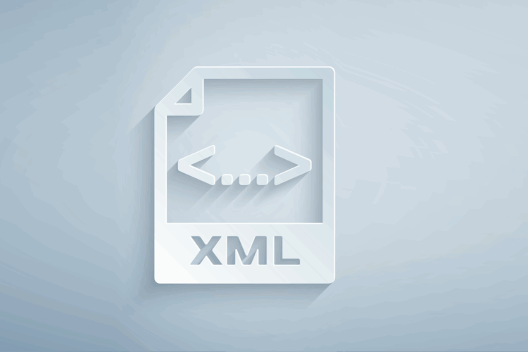A white 3D icon of a document with angle brackets and the text "XML" on a light gray background.