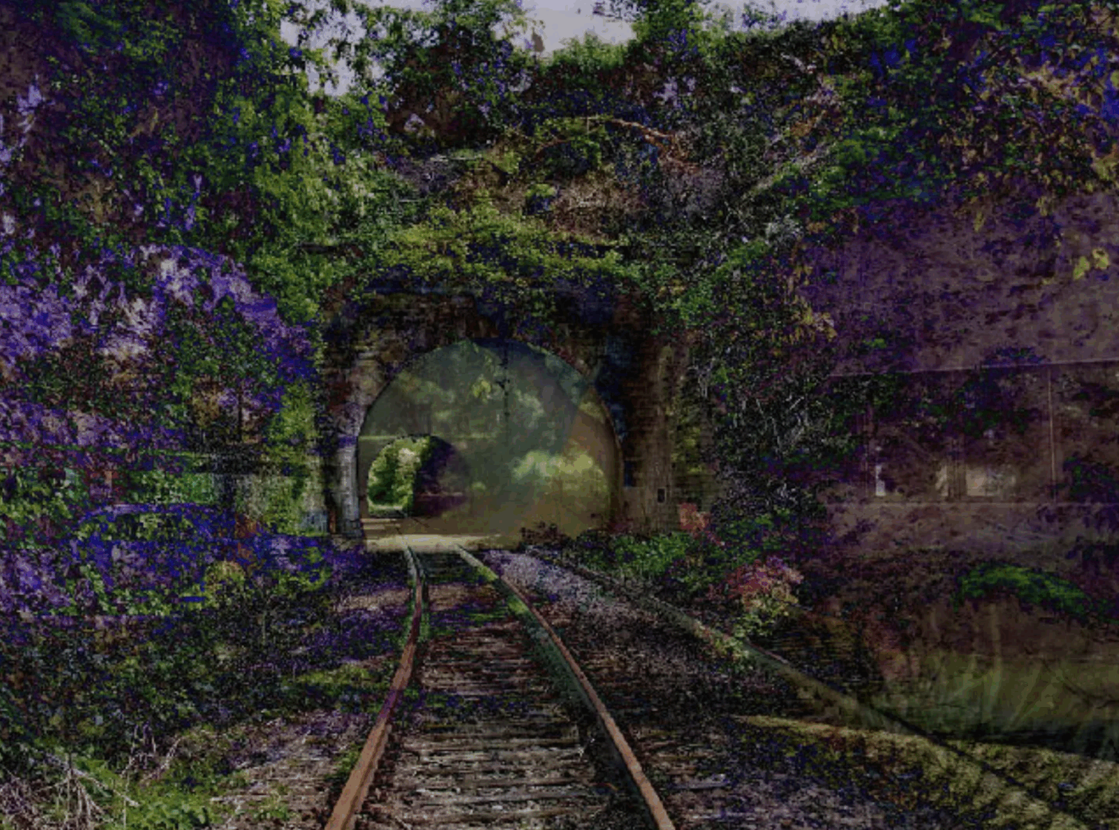 A piece of AI-generated art depicting a train tunnel surrounded by green and purple foliage