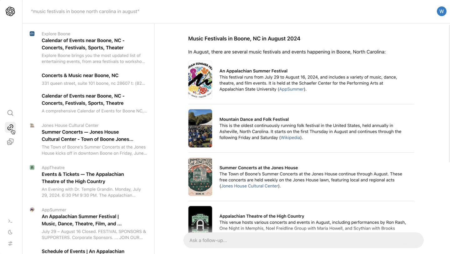 Screenshot of SearchGPT results page