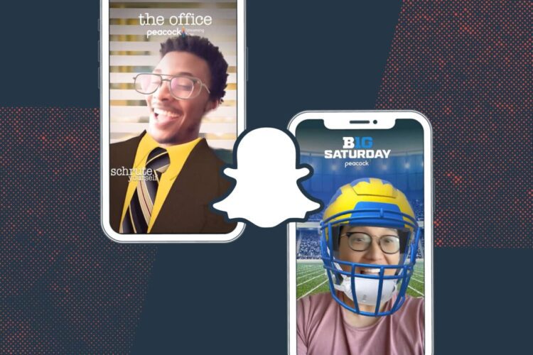 Two smartphone screens show people using Snapchat filters: one dressed as an office worker, the other wearing a football helmet, with the Snapchat logo between them.