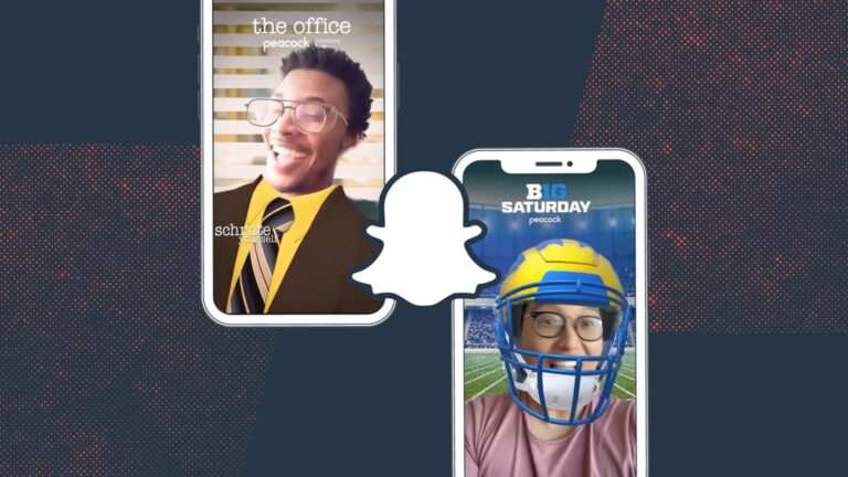 Two smartphone screens show people using Snapchat filters: one dressed as an office worker, the other wearing a football helmet, with the Snapchat logo between them.