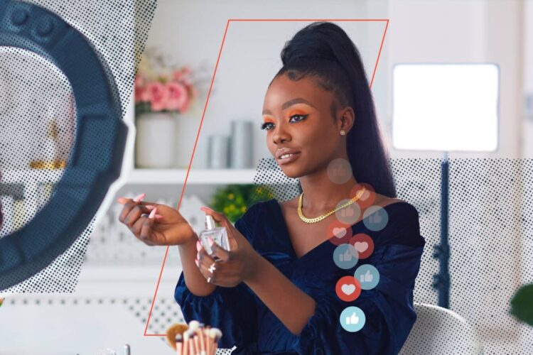 A woman applies makeup in front of a camera with cosmetic products and lighting equipment, while social media like and heart icons appear on screen.