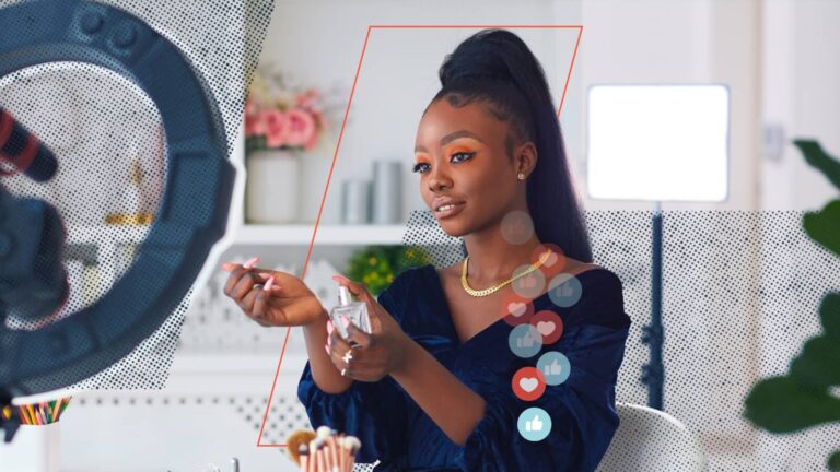 A woman applies makeup in front of a camera with cosmetic products and lighting equipment, while social media like and heart icons appear on screen.