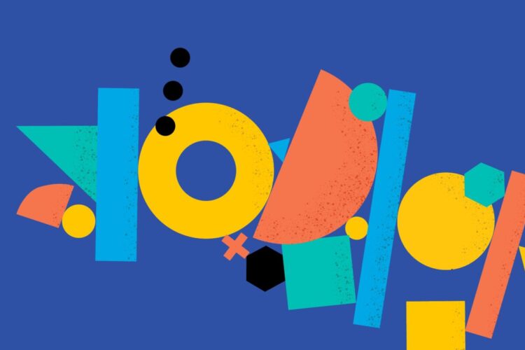 Abstract geometric shapes in yellow, blue, orange, and black on a solid blue background, arranged in a scattered, playful composition.