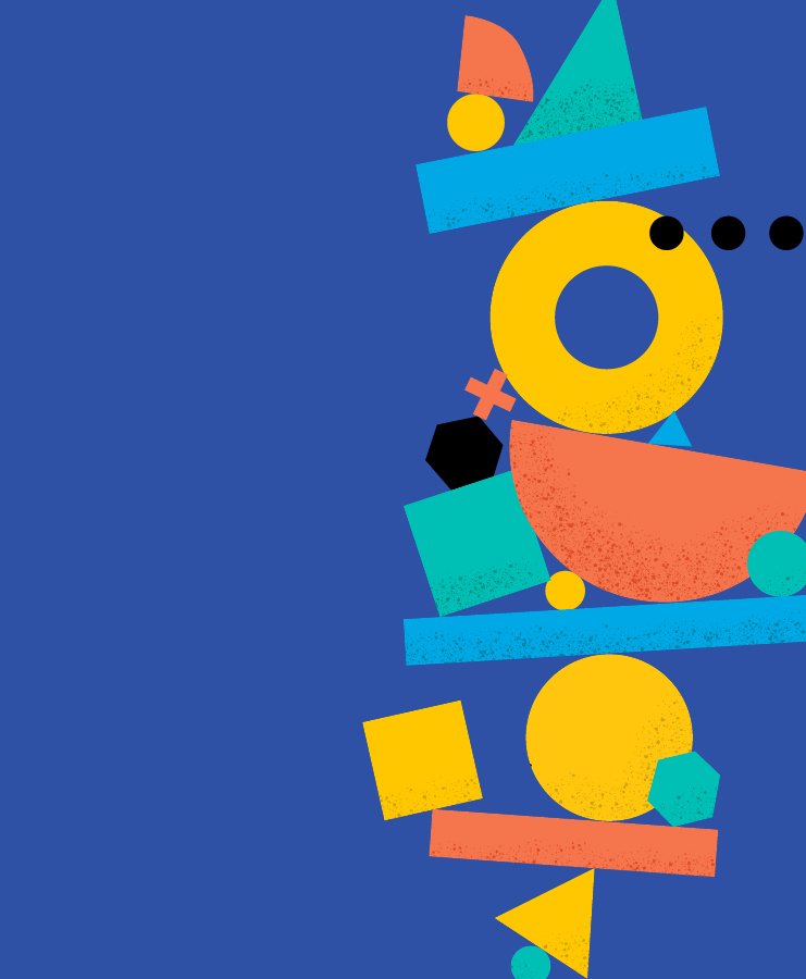 Colorful geometric shapes including circles, triangles, and rectangles are stacked vertically on the right side of a blue background.