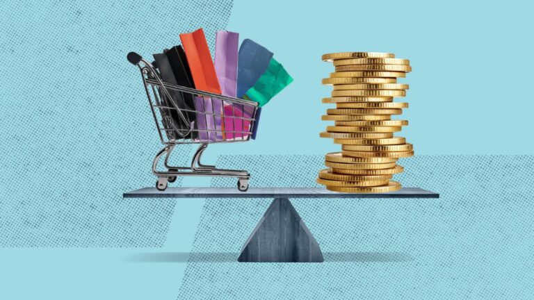 A shopping cart with colorful bags and a stack of gold coins are balanced on a seesaw against a blue background.