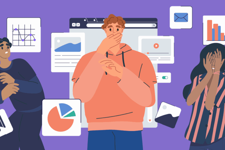 Three people appear anxious or embarrassed, standing in front of floating charts, graphs, and digital content icons on a purple background.