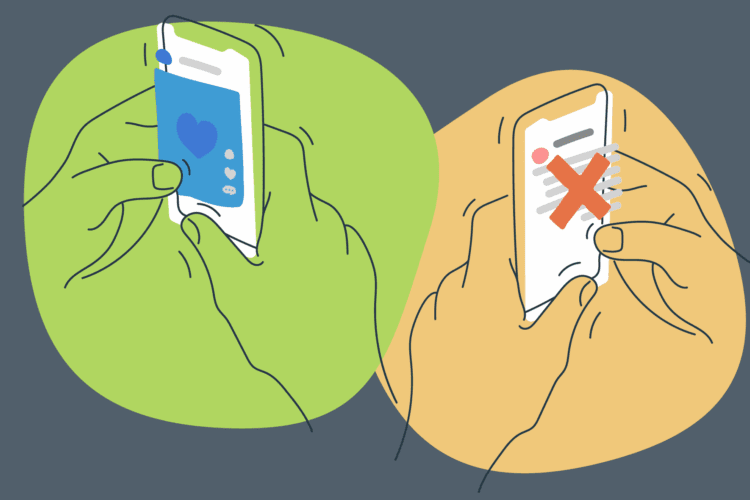 Two illustrated hands holding smartphones; one screen shows a heart symbol with notifications, the other shows a red X over text.