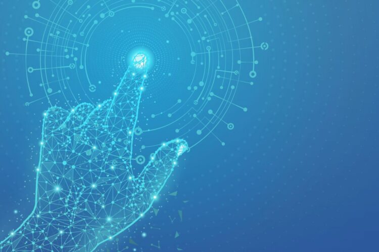 A digital wireframe hand touches a circular interface with glowing nodes and lines set against a blue technology-themed background.