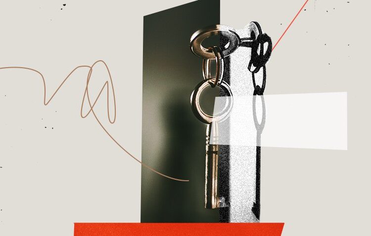 A close-up of a metallic key attached to a keyring, with abstract lines and geometric shapes in the background.