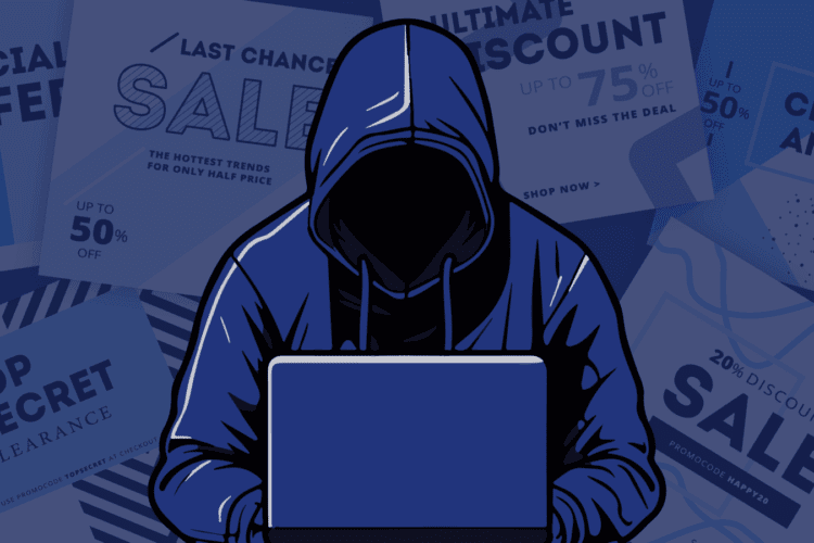 A faceless person in a hoodie uses a laptop, with various sale and discount signs in the background.