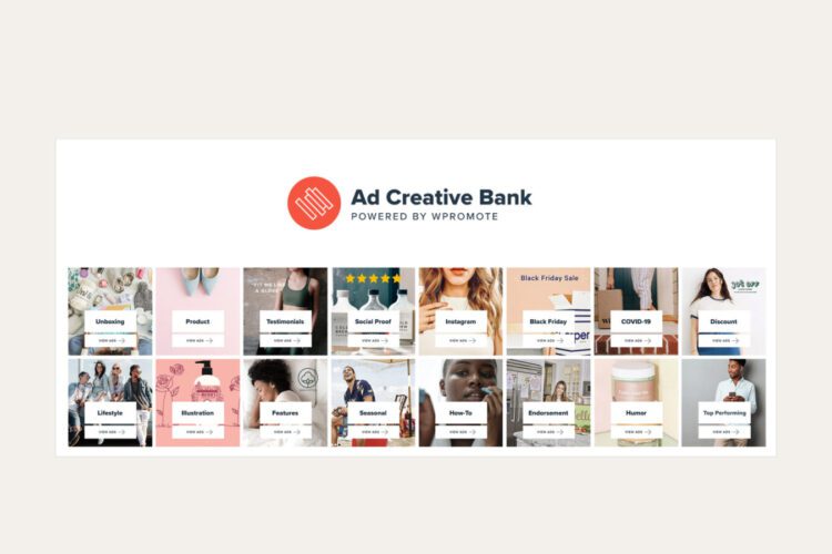 Screenshot of the Ad Creative Bank homepage showing various ad categories such as product, testimonials, social proof, lifestyle, seasonal, humor, and more.