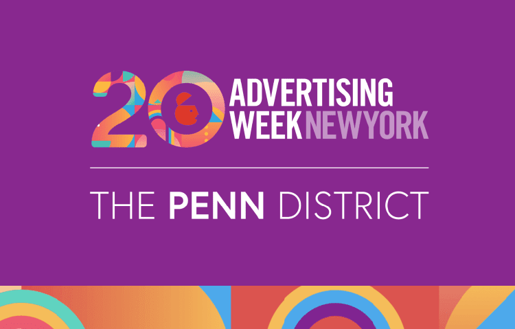 Advertising Week New York 20th anniversary logo with colorful design, text reads “The Penn District” on a purple background.