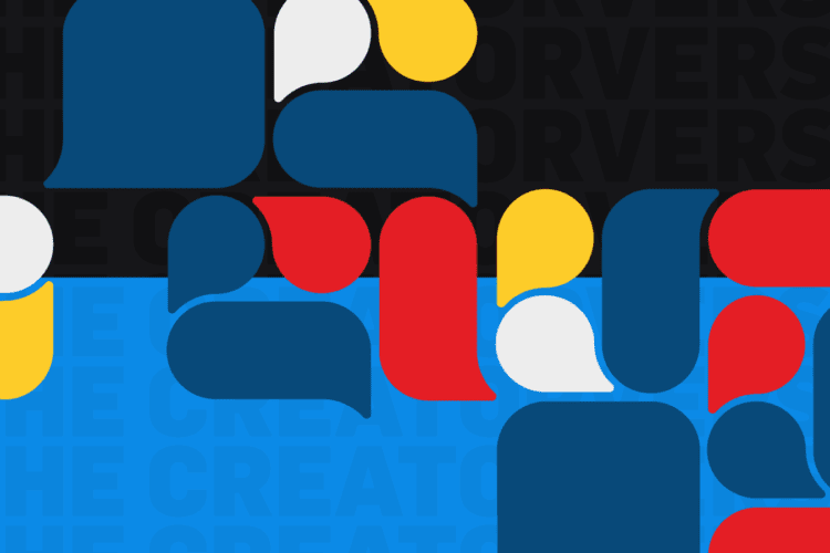 Abstract graphic with overlapping blue, red, yellow, and white speech bubbles on a black and blue background with faint text reading "THE CREATORVERSE.