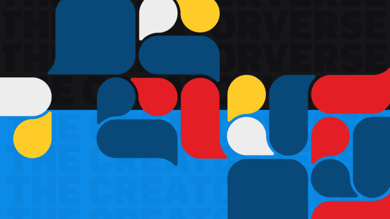 Abstract graphic with overlapping blue, red, yellow, and white speech bubbles on a black and blue background with faint text reading "THE CREATORVERSE.