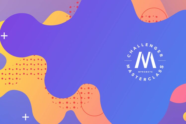 Abstract background with fluid purple, orange, and yellow shapes, red dots, and "Challenger Masterclass" text in a white circular logo at center right.