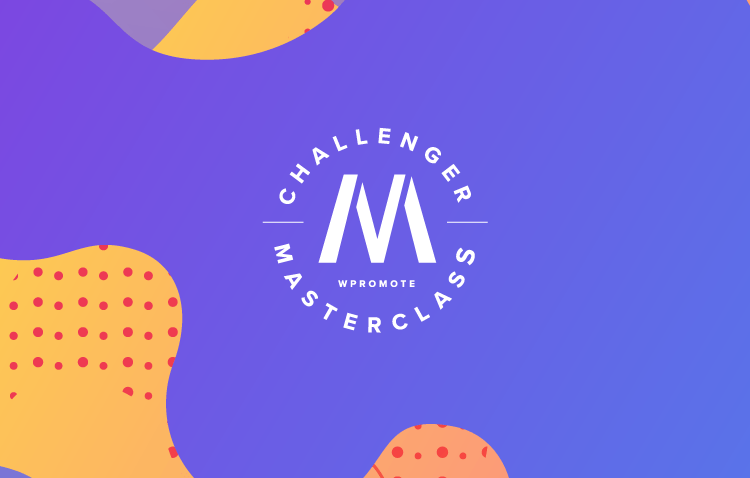 Logo for Wpromote Challenger Masterclass centered on a blue and orange abstract background with dots and wavy shapes.