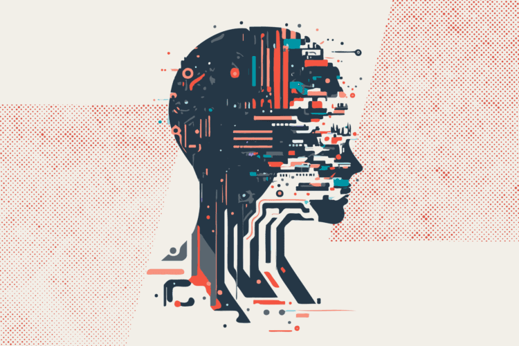 Illustration of a human head silhouette filled with abstract circuit patterns, symbolizing the intersection of technology and the human mind, on a dotted red and white background.