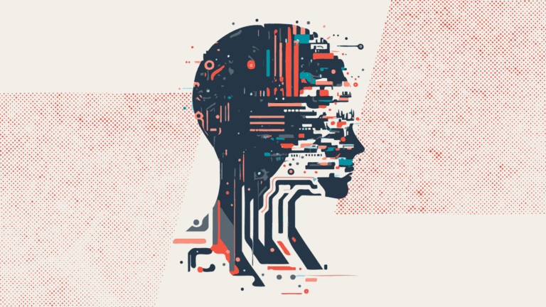 Illustration of a human head silhouette filled with abstract circuit patterns, symbolizing the intersection of technology and the human mind, on a dotted red and white background.