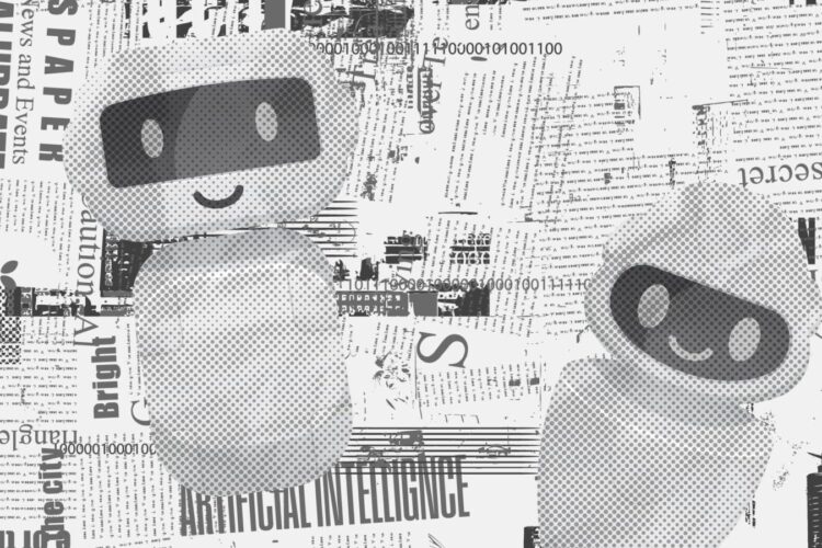 Two cartoon robots with smiling faces stand against a newspaper collage background with text, including "artificial intelligence" and binary code.