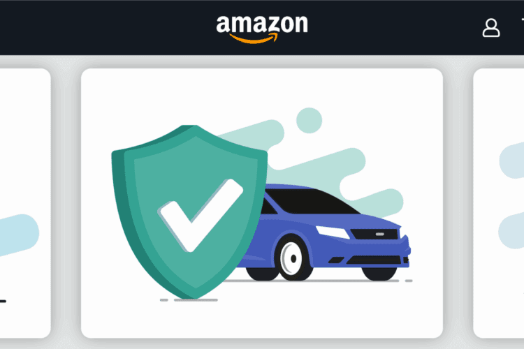 An illustration of a blue car with a large green shield and checkmark in front, shown on an Amazon website interface.