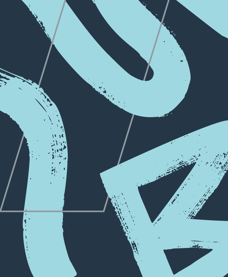 Abstract design with large, light blue brushstroke shapes on a dark background, intersected by thin, angled gray lines.