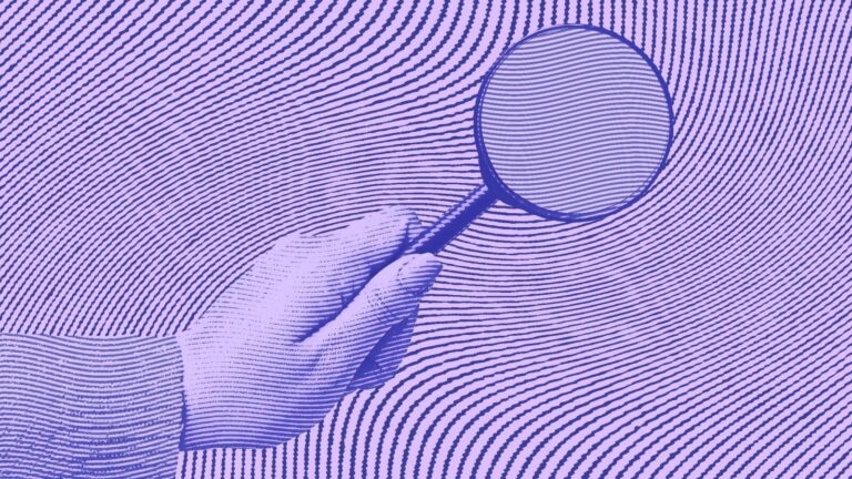 A hand holds a magnifying glass over a wavy pattern of parallel lines, enlarging a section of the lines. The image is in purple tones.