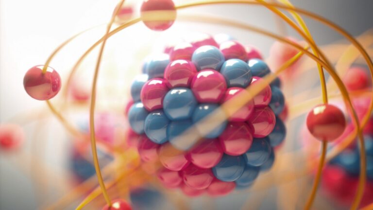 A colorful illustration of an atom, showing a nucleus made of blue and pink spheres surrounded by orange orbiting particles.