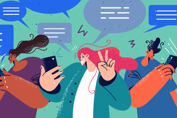 Three people with colorful hair use smartphones and take selfies, surrounded by chat bubbles indicating message exchanges.