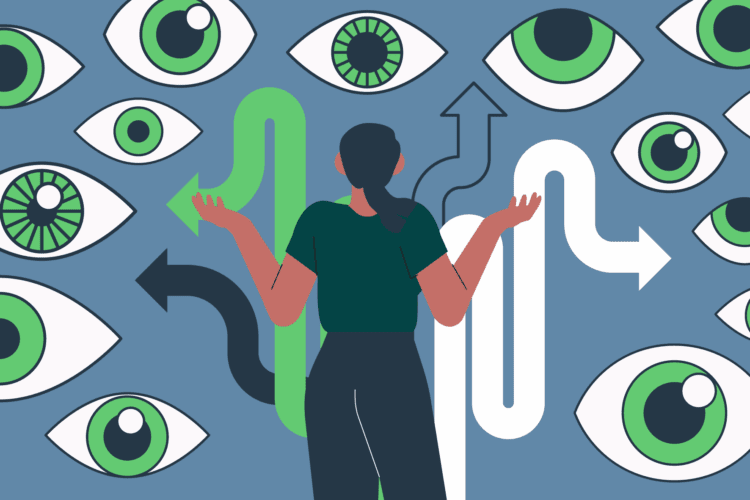 A person stands with arms raised amid multiple large green eyes and arrows pointing in different directions on a blue background.