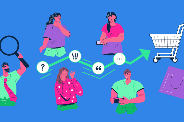 Illustration showing people interacting, a shopping cart, bags, and conversation symbols, representing stages of the online shopping process on a blue background.