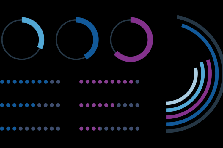 A set of minimalist circular and dotted progress charts in blue and purple tones on a black background, displaying data visualizations in varying completion levels.