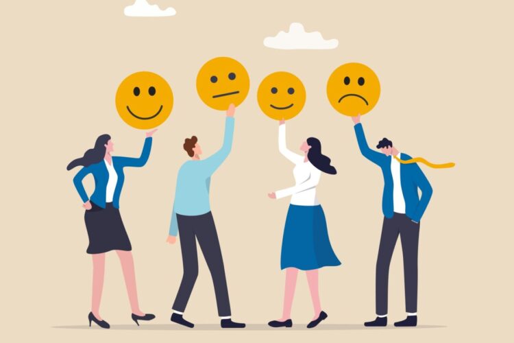 Four illustrated people in business attire hold up large emoji faces showing happy, neutral, and sad expressions against a light background with clouds.