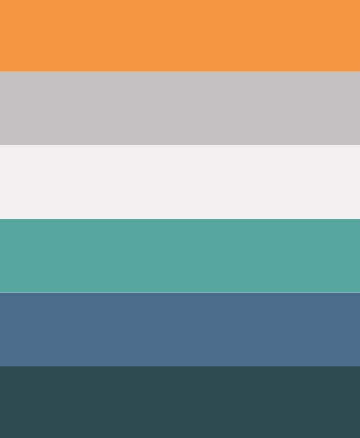 A flag with six horizontal stripes in orange, light gray, white, teal, blue, and dark teal from top to bottom.