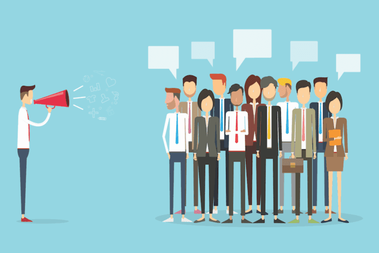 Illustration of a person using a megaphone to address a diverse group of professionals, who are standing together with speech bubbles above their heads.