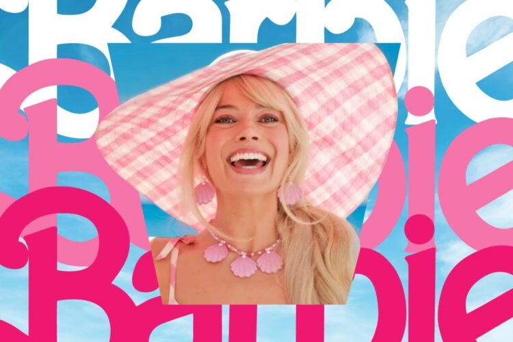 A woman wearing a pink checkered sun hat and pink shell jewelry smiles in front of a background with large "Barbie" text and a blue sky with clouds.