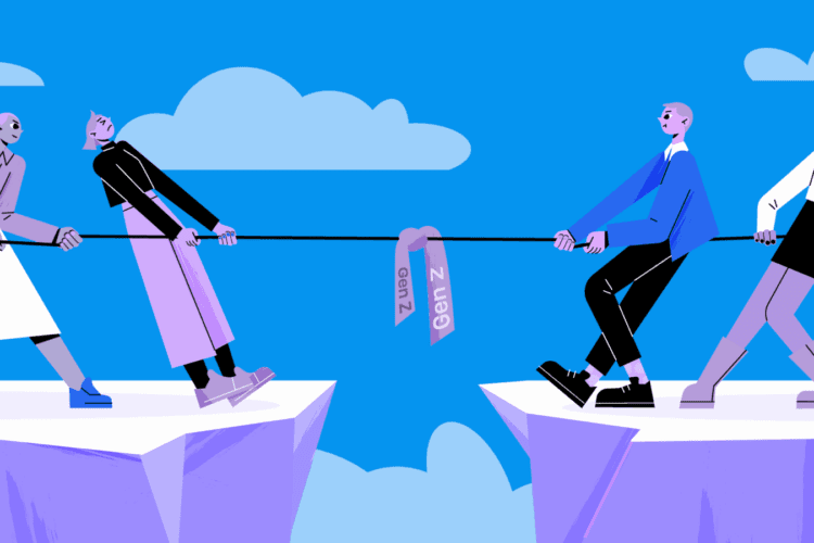 Two pairs of people stand on opposite cliffs, playing tug-of-war with a rope labeled "gen Z," under a blue sky with clouds.