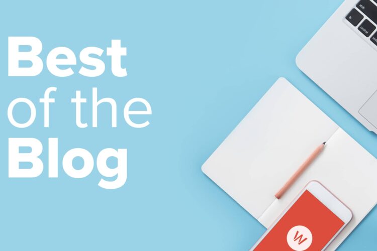 A notebook, pencil, smartphone, and laptop on a blue desk with text "Best of the Blog" on the left side.