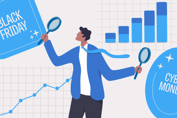 Illustration of a person holding magnifying glasses, with "Black Friday" and "Cyber Monday" signs, bar and line graphs in the background, symbolizing sales analysis.