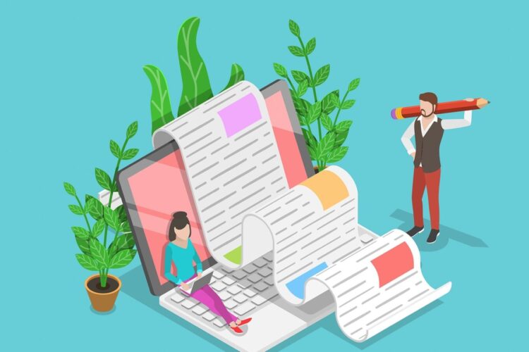 An illustration of a woman typing on a laptop with large papers coming out of the screen, while a man holds a pencil; plants are placed around them.