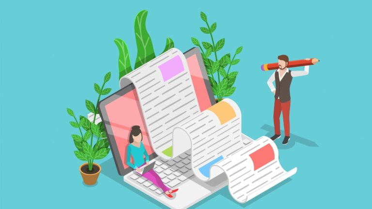 An illustration of a woman typing on a laptop with large papers coming out of the screen, while a man holds a pencil; plants are placed around them.