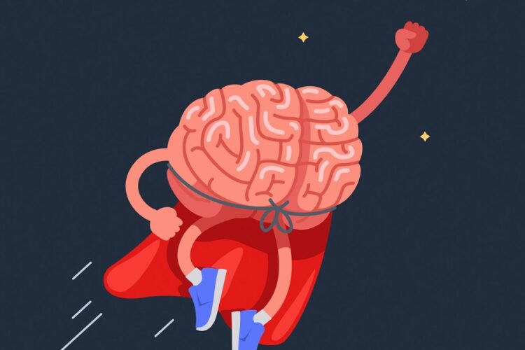 A cartoon of a brain with a cape and legs.
