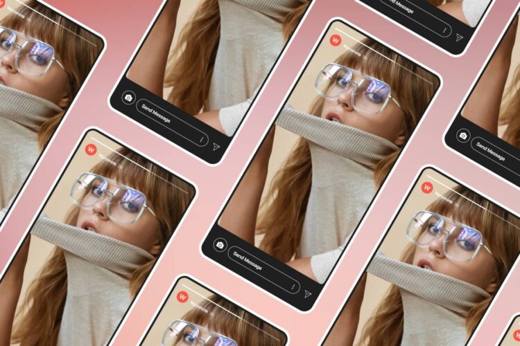 Multiple smartphone screens display the same image of a woman with glasses and a turtleneck sweater, set against a pink gradient background.