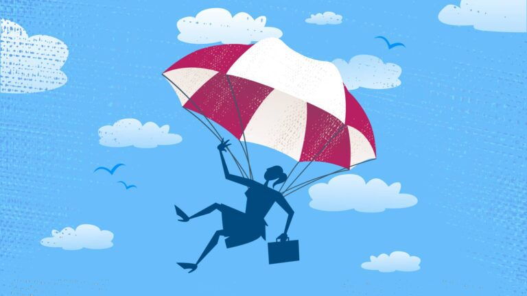 Illustration of a person holding a briefcase parachuting through a blue sky with clouds and birds, using a red and white parachute.