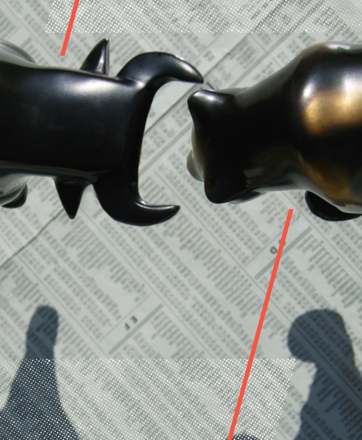 Two black metallic bull and bear figurines face each other on a newspaper background, symbolizing stock market trends. Red diagonal lines are overlaid on the image.