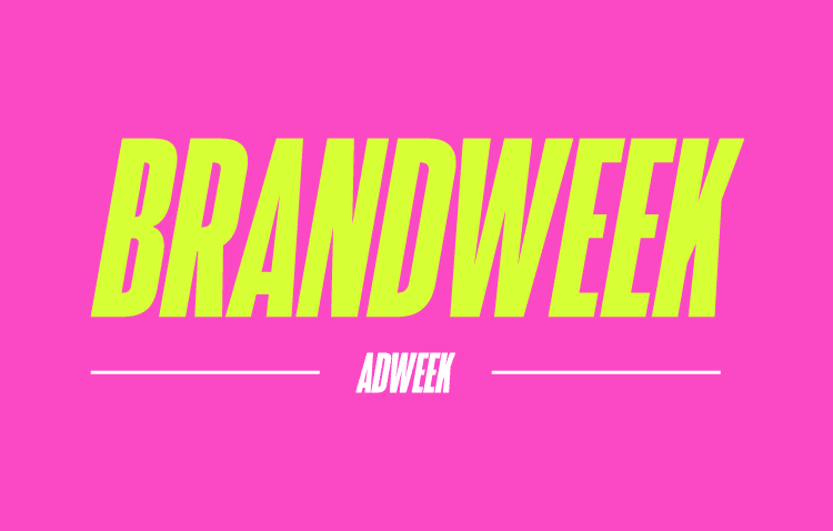 Yellow text reads “BRANDWEEK” above smaller white text “ADWEEK” on a bright pink background, with two white horizontal lines on either side of “ADWEEK.”.