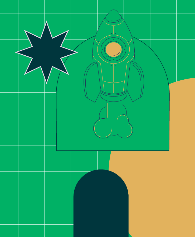 Illustration of a rocket on a green grid background with geometric shapes, including a starburst and an arch, in green, orange, and black.