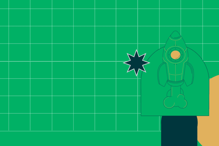 A simple illustration of a rocket on a green grid background with a black starburst shape near its side and a partial yellow circle on the right.