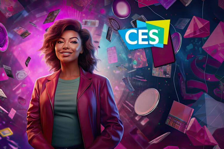 A woman in a red jacket stands in front of vibrant, floating tech devices and the CES logo, symbolizing innovation at a technology event.