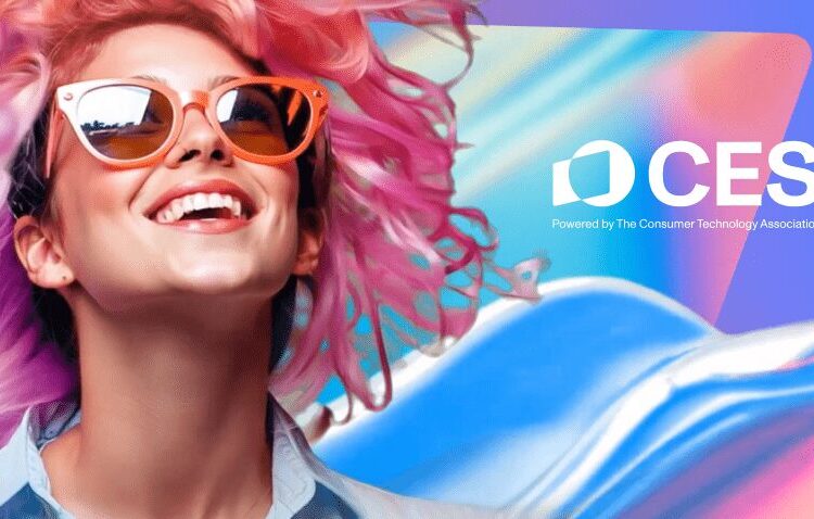 Smiling person with pink hair and sunglasses in front of a colorful abstract background with the CES logo and tagline.